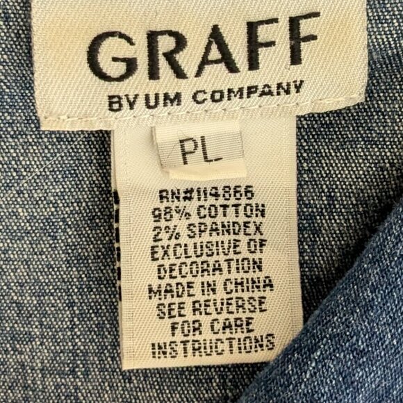 GRAFF by UM Company, Blue Denim Button Shirt Jacket w Floral Bling; Size PL - Picture 4 of 5